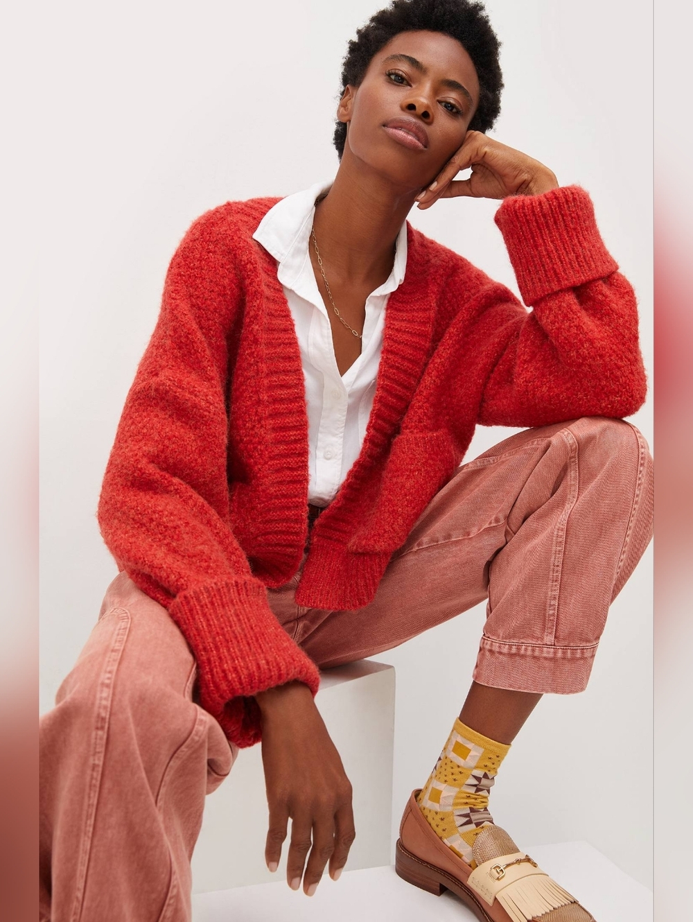 Anthropologie Pilcro Oversized Cuffed Cardigan OS Orange Red - Picture 2 of 11